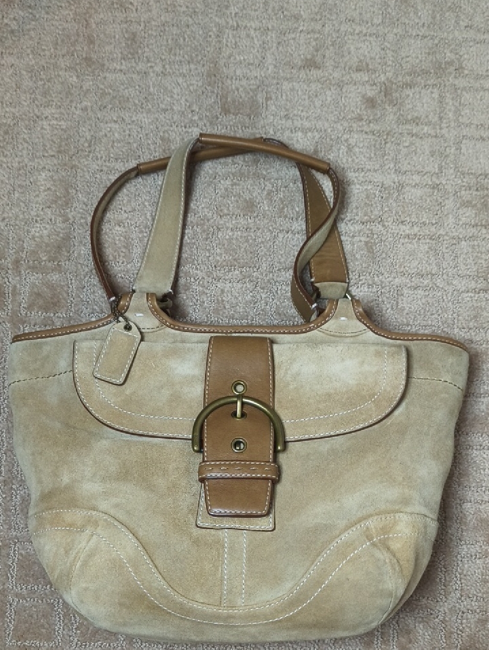 Coach Beige Suede Shoulder Bag with Tan Leather Trim